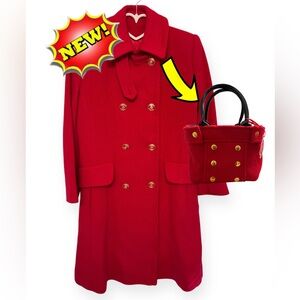SAKS FIFTH AVENUE RED FLAG FLEURETTE WITH GOLD BUTTONS. RED TOTE INCLUDED